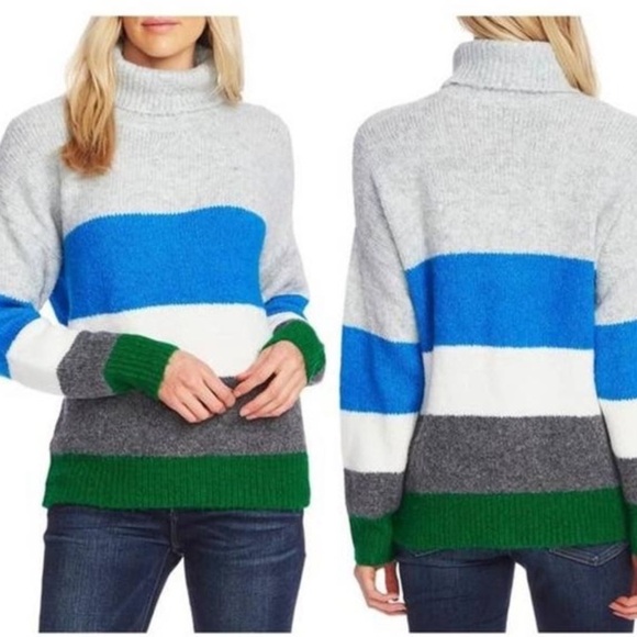 Vince Camuto Turtleneck Sweater Colorblock Stripes Gray Blue Green Cream | Small - Picture 1 of 8